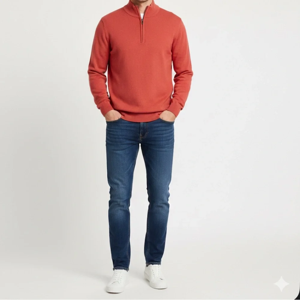 LL Bean Red Orange Cashmere Blend Preppy Long Sleeve V-Neck Sweater Large